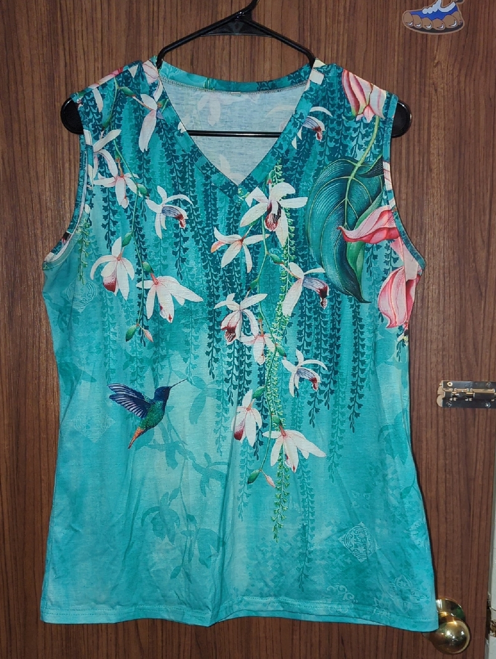 Sleeveless Teal Floral V-Neck Tank Top Size Large
